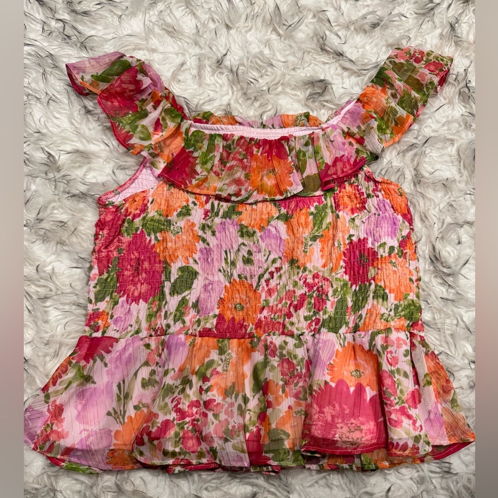 Like New! šŗLC Lauren Conrad Pink and Orange Ruffled Peplum Blousešŗ - Picture 3 of 5